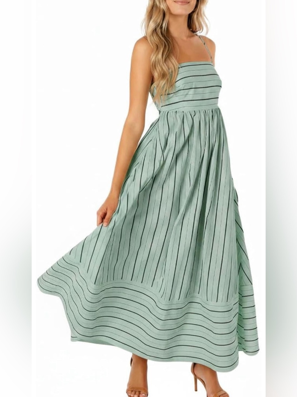 Women's Green Striped Maxi Dress Open Back